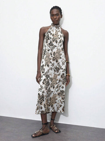Women's Summer Floral Print Pleated Sleeveless Dress With Neck Tie