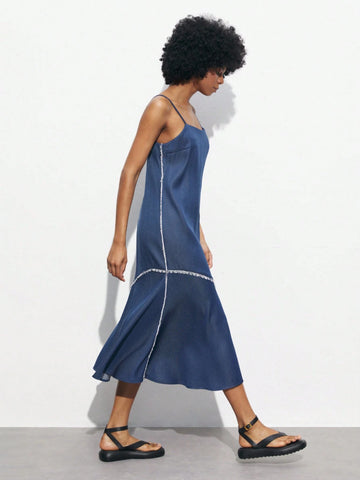 Women's Summer Patchwork Tassel Hem Long Casual Suspender Dress