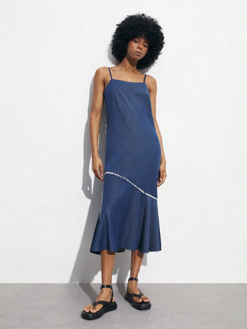Women's Summer Patchwork Tassel Hem Long Casual Suspender Dress