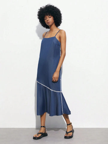 Women's Summer Patchwork Tassel Hem Long Casual Suspender Dress