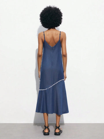 Women's Summer Patchwork Tassel Hem Long Casual Suspender Dress