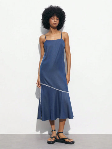 Women's Summer Patchwork Tassel Hem Long Casual Suspender Dress