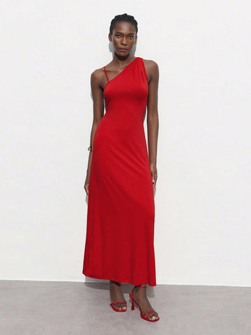 Women's Summer Solid Color Asymmetrical Collar Sleeveless Long Elegant Dress