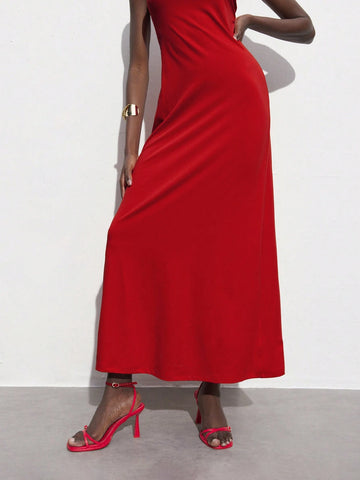Women's Summer Solid Color Asymmetrical Collar Sleeveless Long Elegant Dress