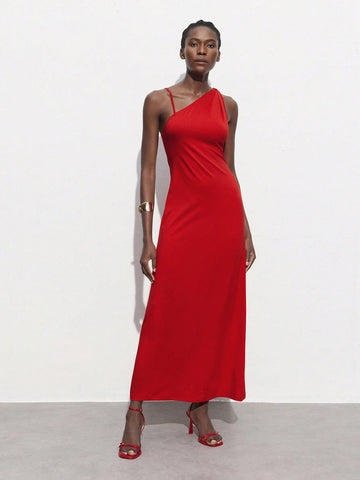 Women's Summer Solid Color Asymmetrical Collar Sleeveless Long Elegant Dress