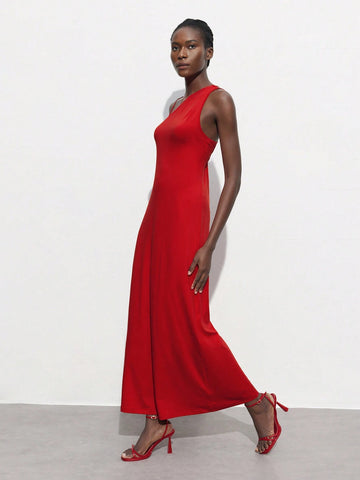 Women's Summer Solid Color Asymmetrical Collar Sleeveless Long Elegant Dress