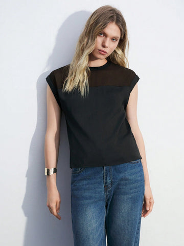 Maija Women's Summer Solid Color Round Neck Mesh Patchwork Batwing Short Sleeve Loose Shirt