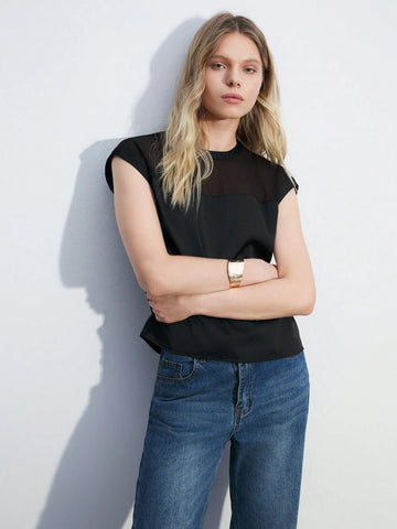 Maija Women's Summer Solid Color Round Neck Mesh Patchwork Batwing Short Sleeve Loose Shirt