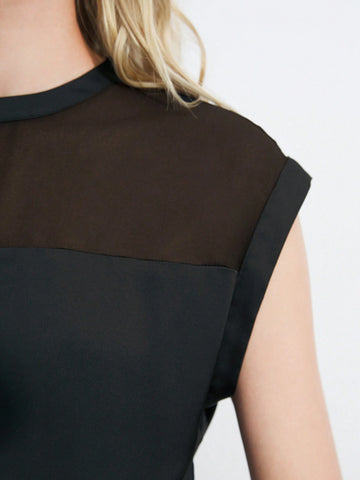 Maija Women's Summer Solid Color Round Neck Mesh Patchwork Batwing Short Sleeve Loose Shirt