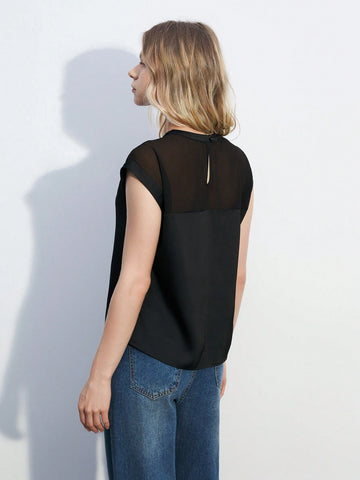 Maija Women's Summer Solid Color Round Neck Mesh Patchwork Batwing Short Sleeve Loose Shirt