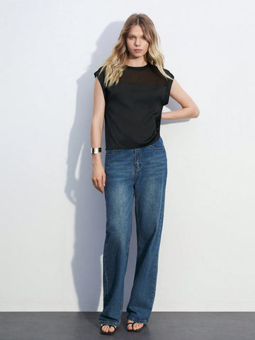 Maija Women's Summer Solid Color Round Neck Mesh Patchwork Batwing Short Sleeve Loose Shirt