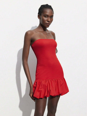 Women's Summer Solid Color Ruffle Hem Strapless Dress