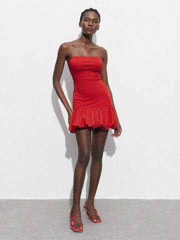 Women's Summer Solid Color Ruffle Hem Strapless Dress