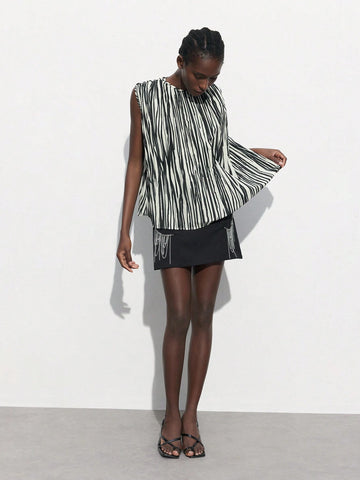 Maija Women's Summer Striped Sleeveless Loose Fit Round Neck Blouse