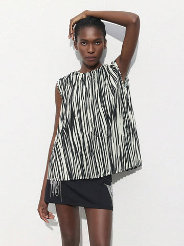 Maija Women's Summer Striped Sleeveless Loose Fit Round Neck Blouse