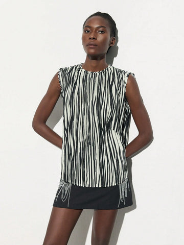 Maija Women's Summer Striped Sleeveless Loose Fit Round Neck Blouse