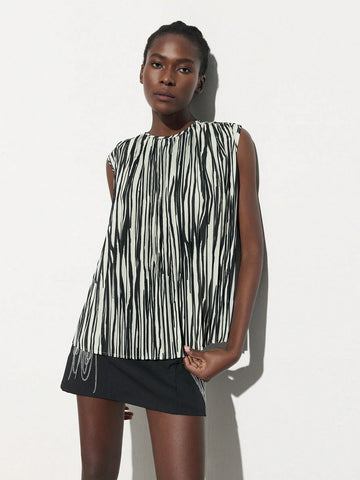 Maija Women's Summer Striped Sleeveless Loose Fit Round Neck Blouse