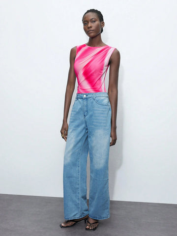 Women's Summer Tie-Dye Print Pleated Casual Bodysuit With Sleeveless Vest