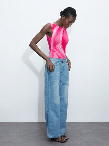 Women's Summer Tie-Dye Print Pleated Casual Bodysuit With Sleeveless Vest