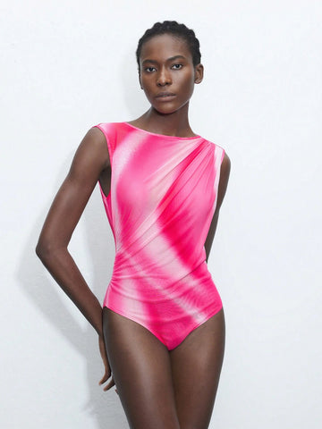 Women's Summer Tie-Dye Print Pleated Casual Bodysuit With Sleeveless Vest