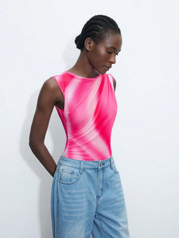 Women's Summer Tie-Dye Print Pleated Casual Bodysuit With Sleeveless Vest