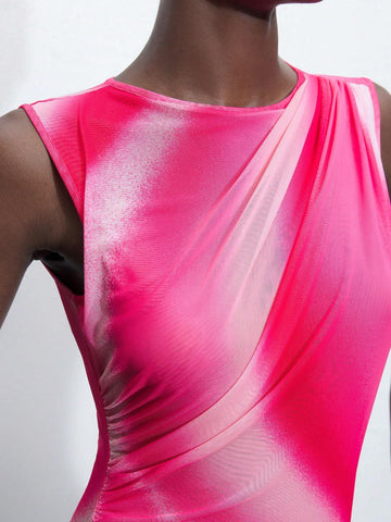 Women's Summer Tie-Dye Print Pleated Casual Bodysuit With Sleeveless Vest