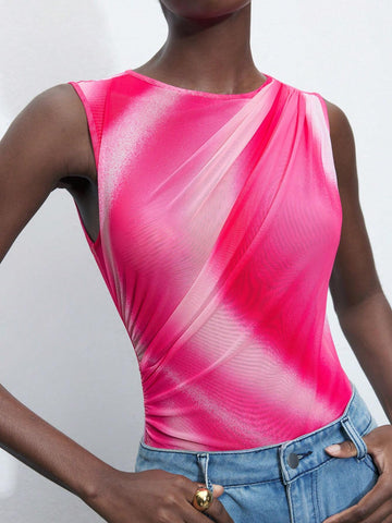 Women's Summer Tie-Dye Print Pleated Casual Bodysuit With Sleeveless Vest