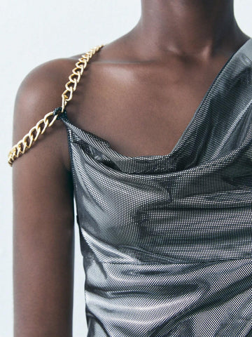 Women's Summer Trendy Metallic Asymmetrical Neck Mini Dress