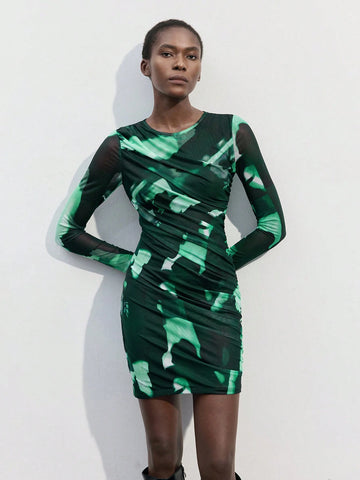 Women's Tie Dye Pleated Round Neck Long Sleeve Short Dress