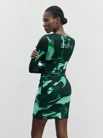 Women's Tie Dye Pleated Round Neck Long Sleeve Short Dress