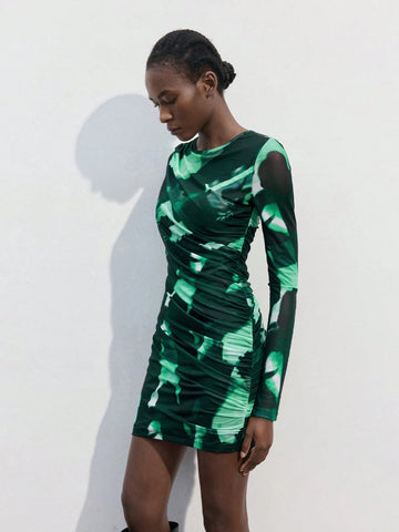 Women's Tie Dye Pleated Round Neck Long Sleeve Short Dress