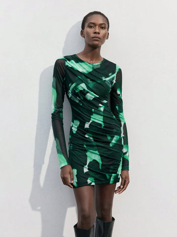 Women's Tie Dye Pleated Round Neck Long Sleeve Short Dress