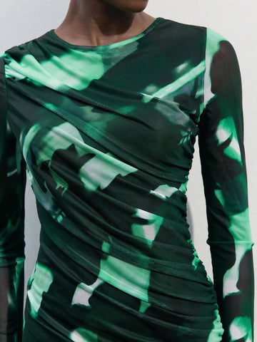 Women's Tie Dye Pleated Round Neck Long Sleeve Short Dress