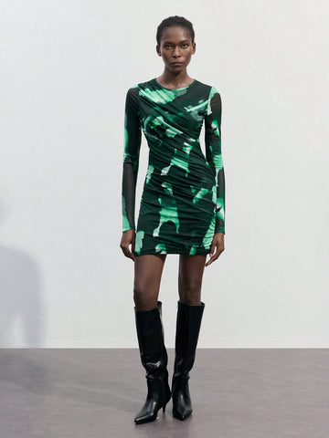 Women's Tie Dye Pleated Round Neck Long Sleeve Short Dress