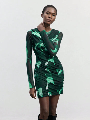 Women's Tie Dye Pleated Round Neck Long Sleeve Short Dress