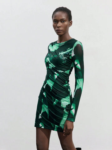 Women's Tie Dye Pleated Round Neck Long Sleeve Short Dress