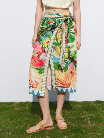 Maija Women's Tropical Print Tie-Wrap Skirt For Cruise/Beach Vacation