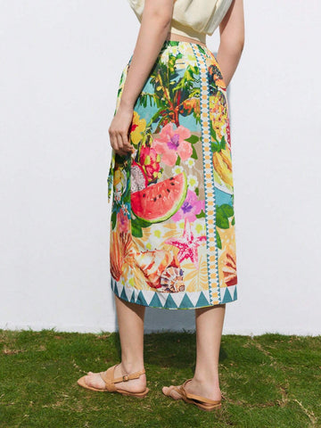 Maija Women's Tropical Print Tie-Wrap Skirt For Cruise/Beach Vacation
