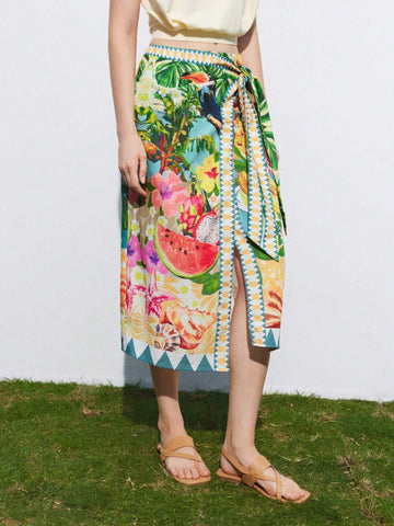 Maija Women's Tropical Print Tie-Wrap Skirt For Cruise/Beach Vacation