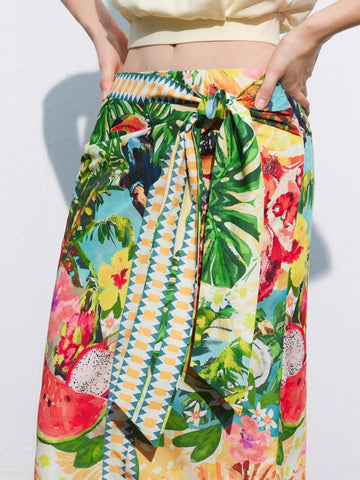 Maija Women's Tropical Print Tie-Wrap Skirt For Cruise/Beach Vacation