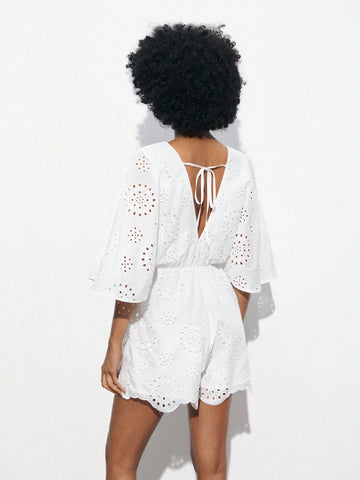 Women's V-Neck Solid Color Burnout Lace Summer Jumpsuit With Ruffled Sleeves