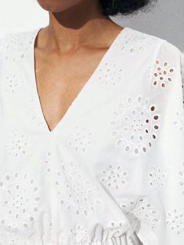 Women's V-Neck Solid Color Burnout Lace Summer Jumpsuit With Ruffled Sleeves