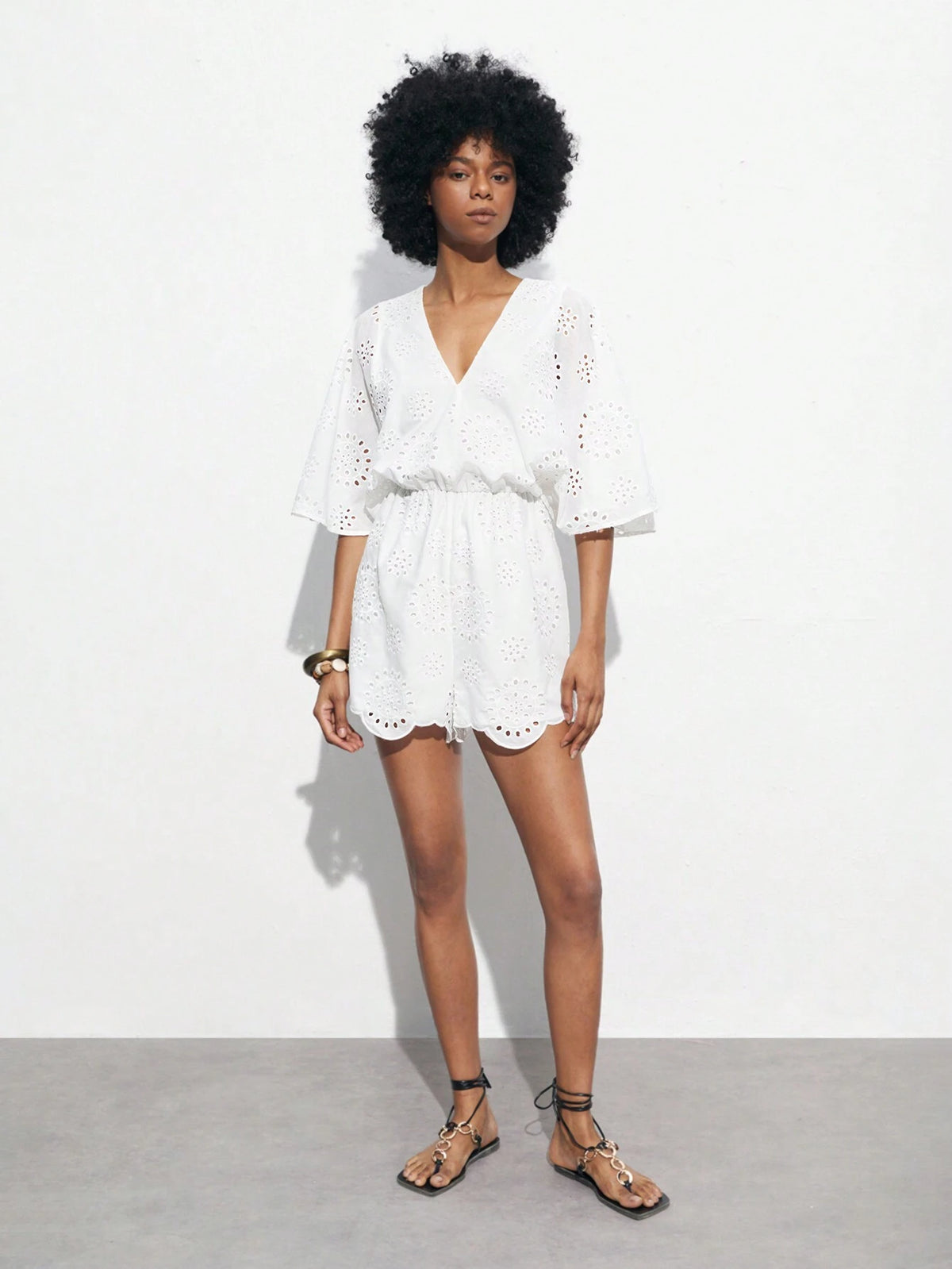 Women's V-Neck Solid Color Burnout Lace Summer Jumpsuit With Ruffled Sleeves