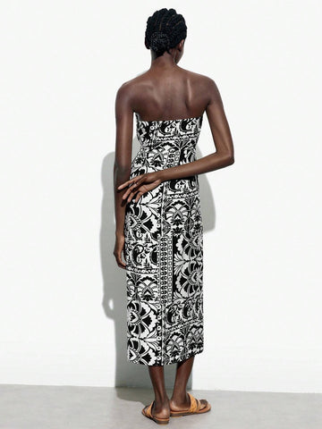 Women's Vintage Print Halterneck Dress With Front Slit, Summer Vacation