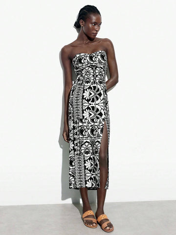 Women's Vintage Print Halterneck Dress With Front Slit, Summer Vacation