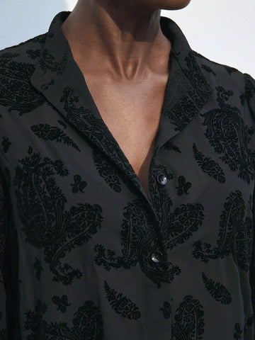 Maija Women's Vintage Style Printed Button-Up Embroidered Shirt