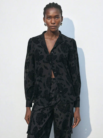 Maija Women's Vintage Style Printed Button-Up Embroidered Shirt