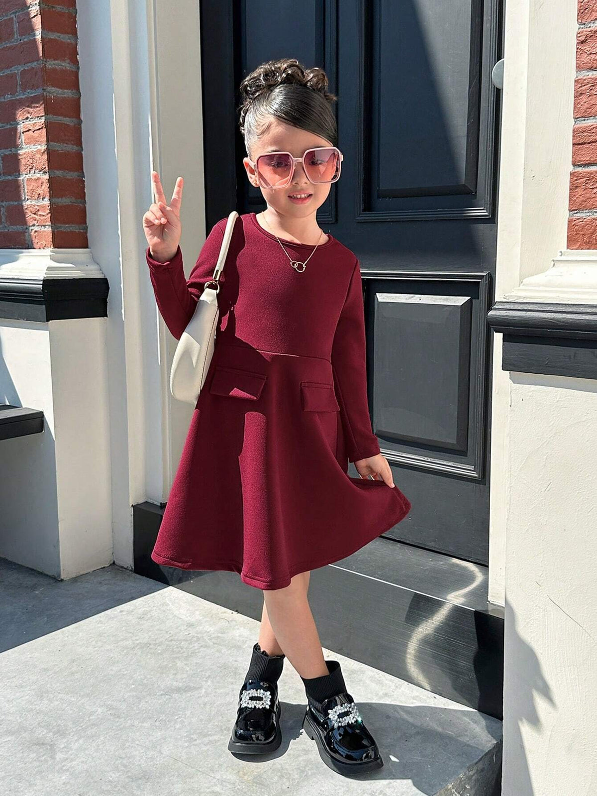Matching Mother-Daughter Casual Elegant All-Match V-Neck Fitted Waist A-Line Long Sleeve Maroon Dress For Girls