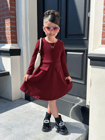 Matching Mother-Daughter Casual Elegant All-Match V-Neck Fitted Waist A-Line Long Sleeve Maroon Dress For Girls