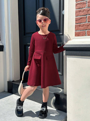 Matching Mother-Daughter Casual Elegant All-Match V-Neck Fitted Waist A-Line Long Sleeve Maroon Dress For Girls